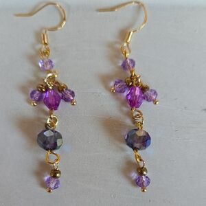 E-004-Purple Amethyst Crystald and Gold Tone Dangle Earrings